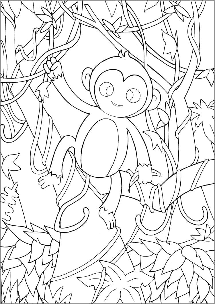 Coloriage Un singe mignon dans la jungle