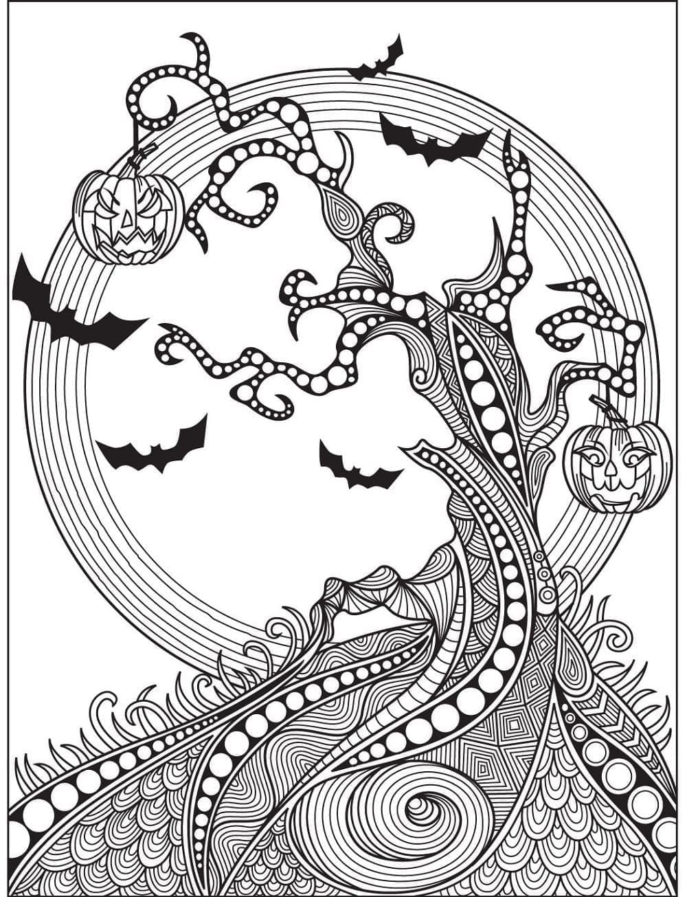 Coloriage Arbre d'Halloween pour adultes