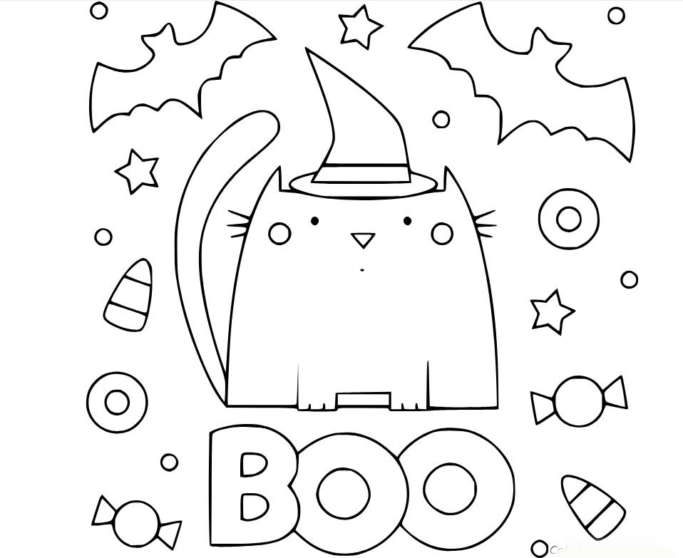 Coloriage Carte de chat sorcière Boo