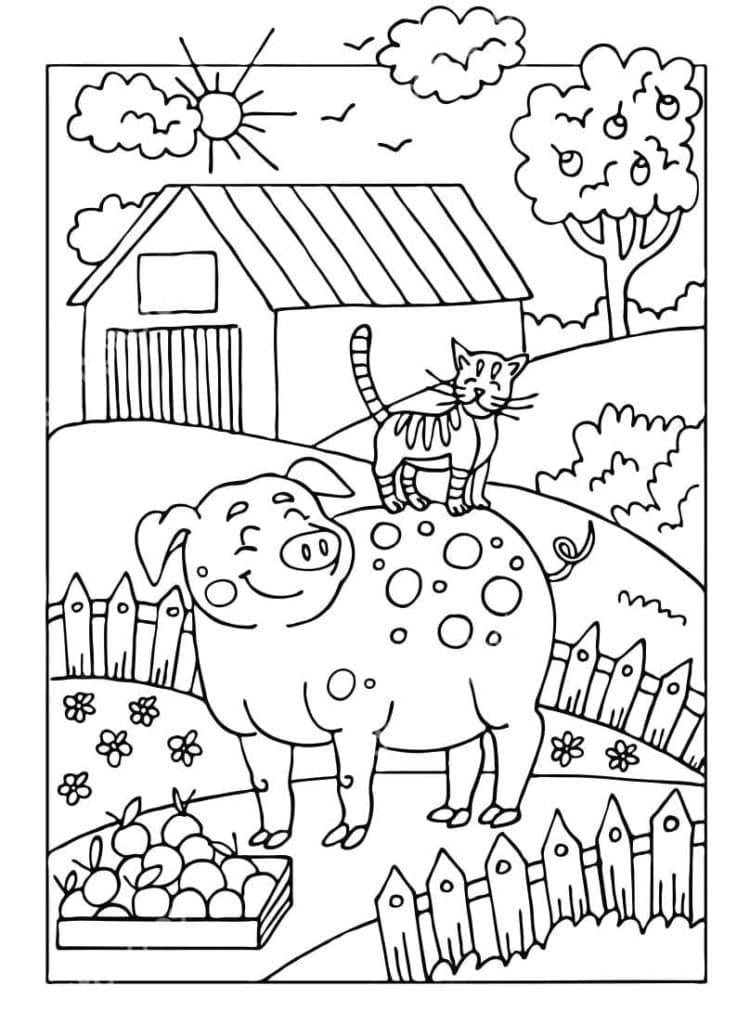 Coloriage Chat et cochon à la ferme à imprimer