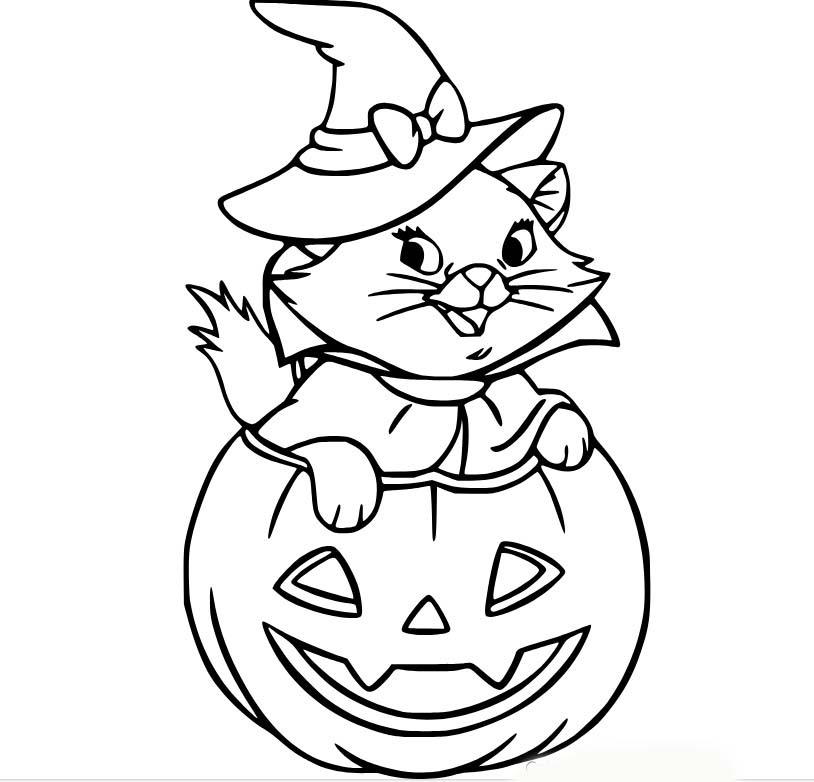 Coloriage Chat mignon sorcière sortant d’une citrouille à imprimer
