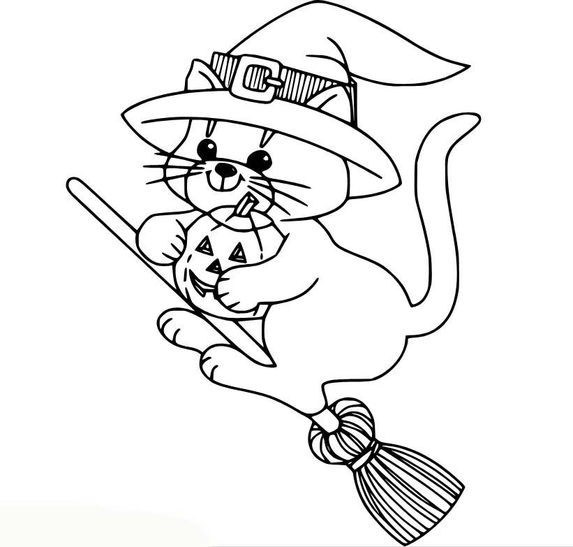 Coloriage Chat mignon volant avec une petite citrouille