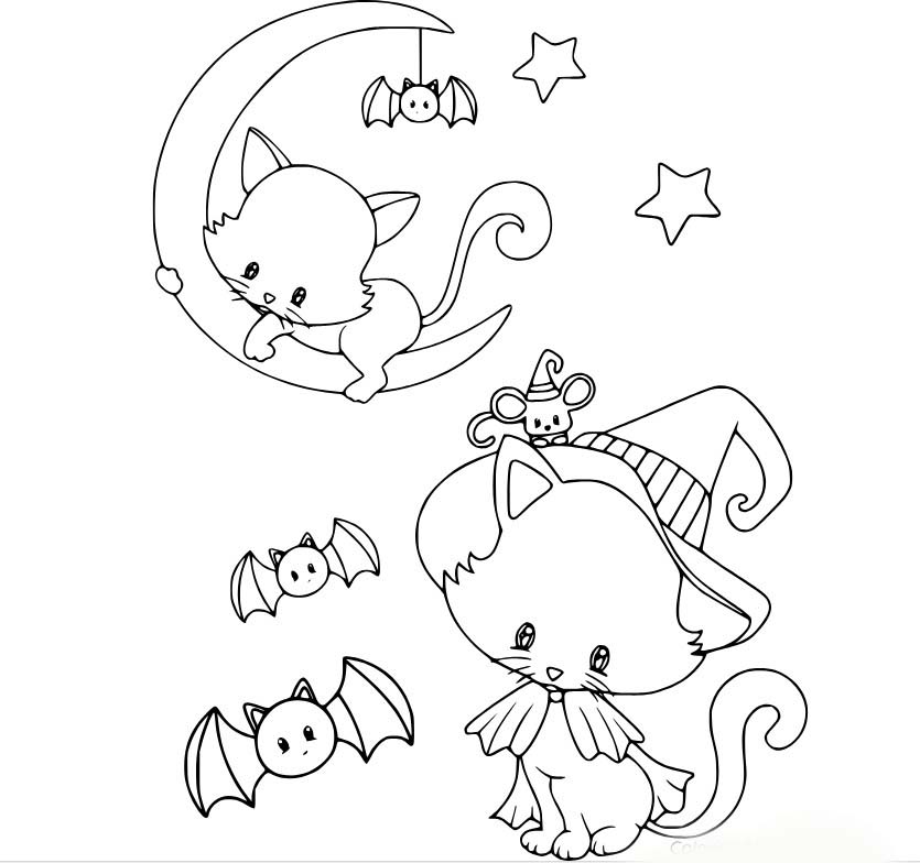 Coloriage Chats, chauves souris et lune