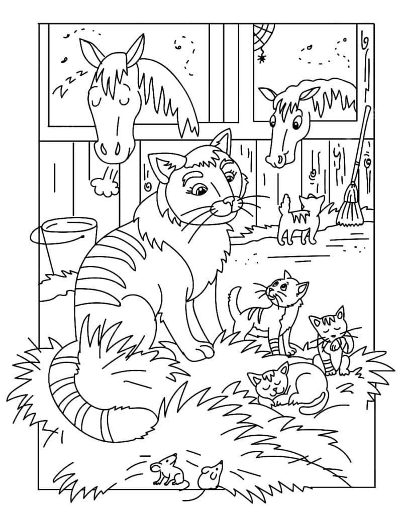 Coloriage Chats et chevaux à la ferme à imprimer