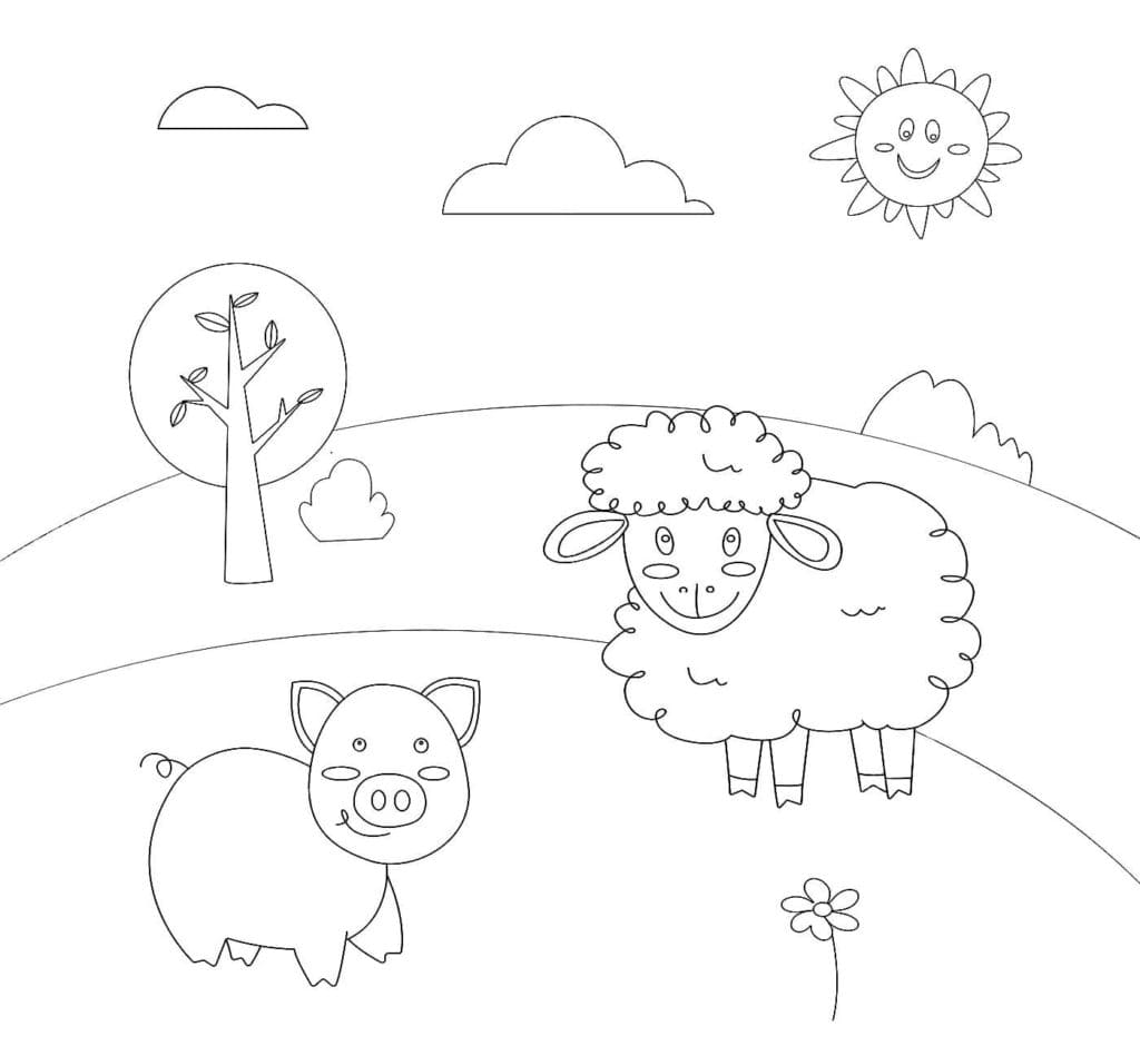 Coloriage Cochon et mouton mignons à la ferme