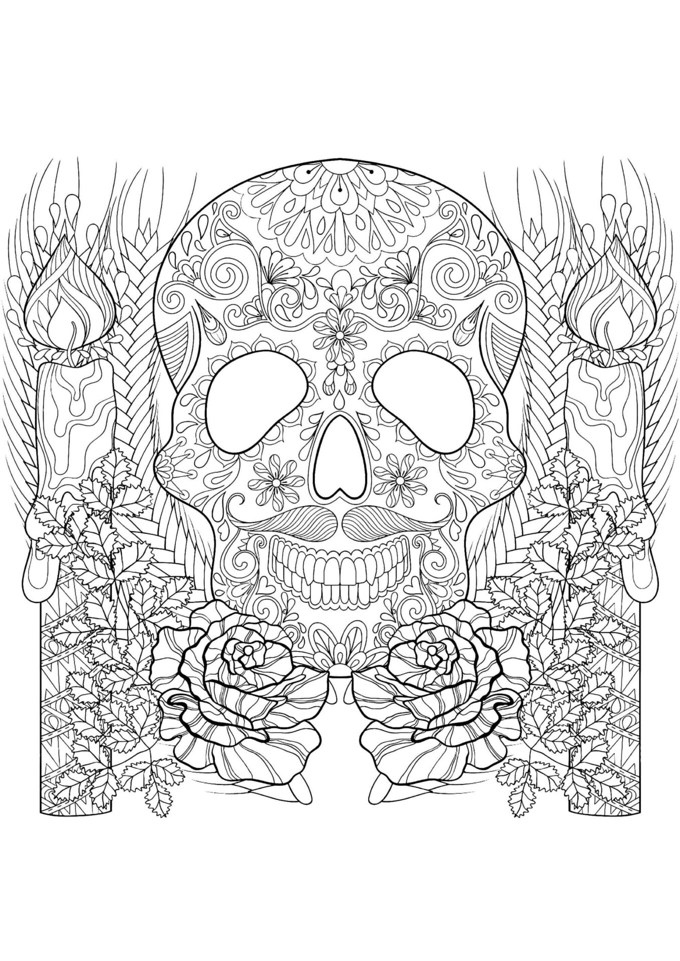 Coloriage Crâne et bougies dans les mandalas d'Halloween