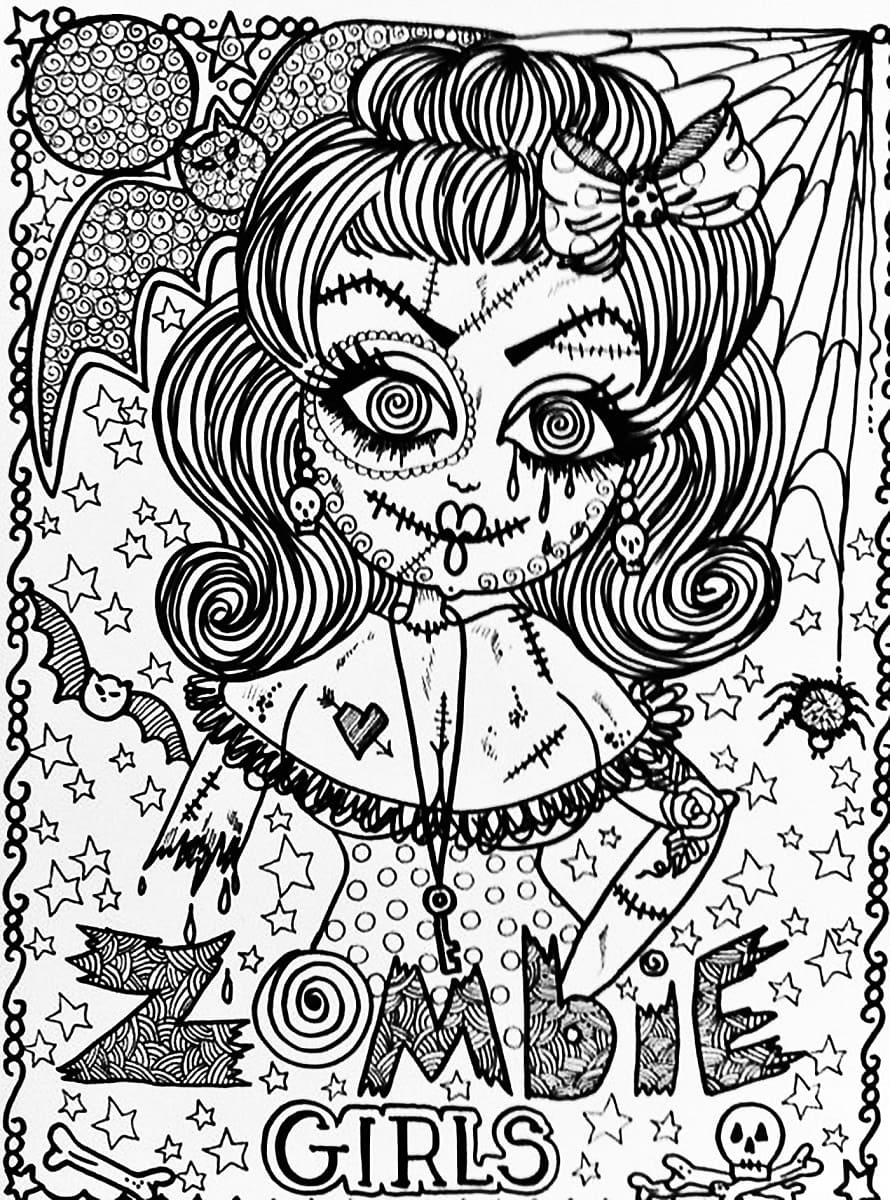 Coloriage Fille zombie d'Halloween pour adultes