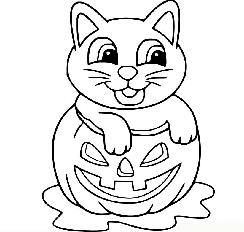 Coloriage Gros chat sortant d'une lanterne Jack O