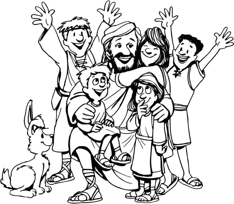 Coloriage Jésus et les enfants heureux