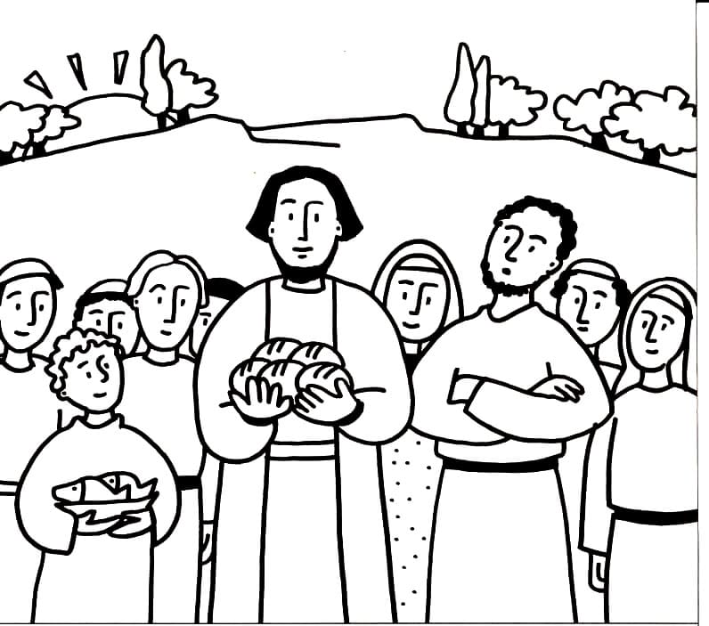 Coloriage Jésus nourrit 5 000 personnes