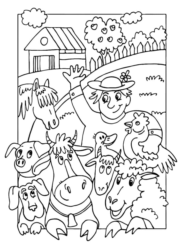 Coloriage Joyeux fermier et animaux