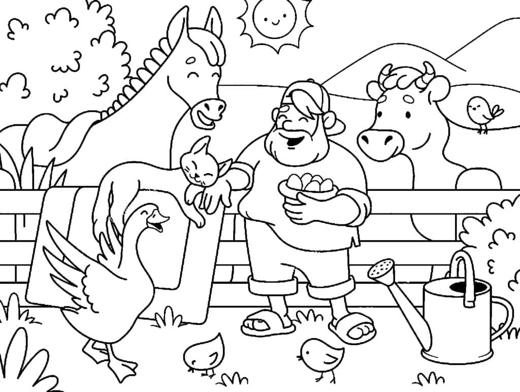 Coloriage Joyeux fermier et animaux de la ferme à imprimer