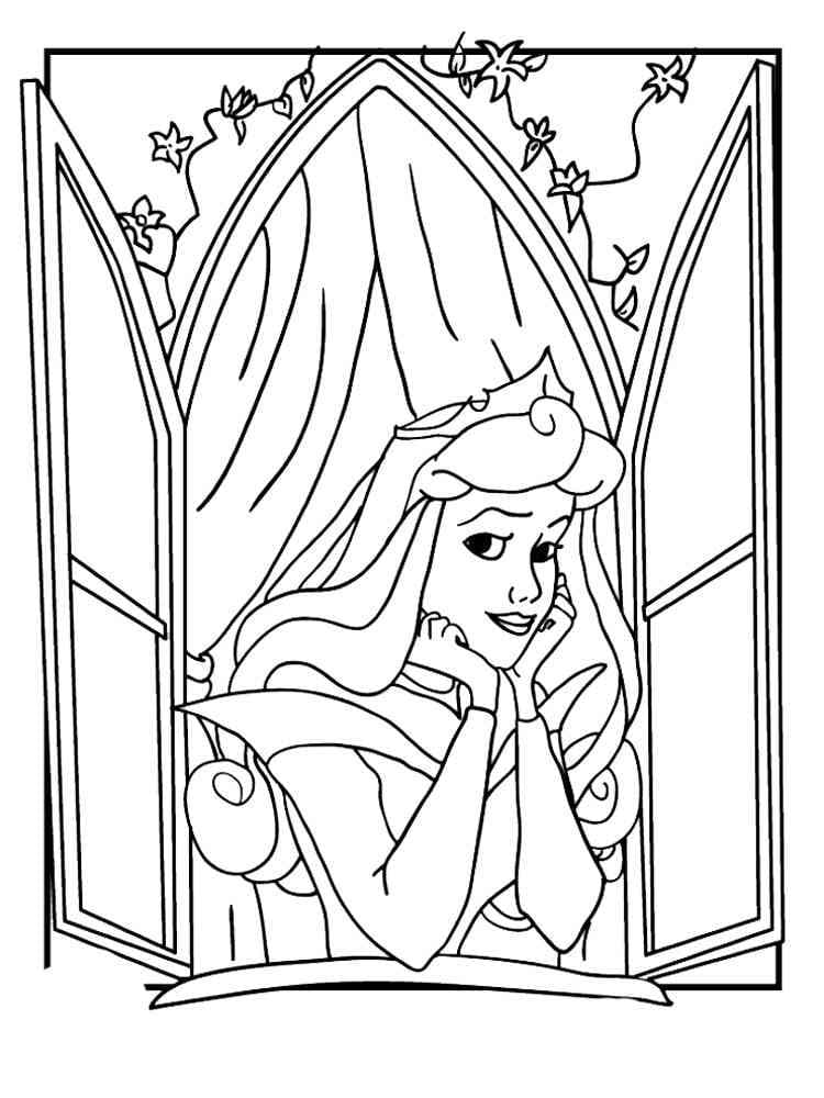 Coloriage La princesse Aurore sur la fenêtre à imprimer