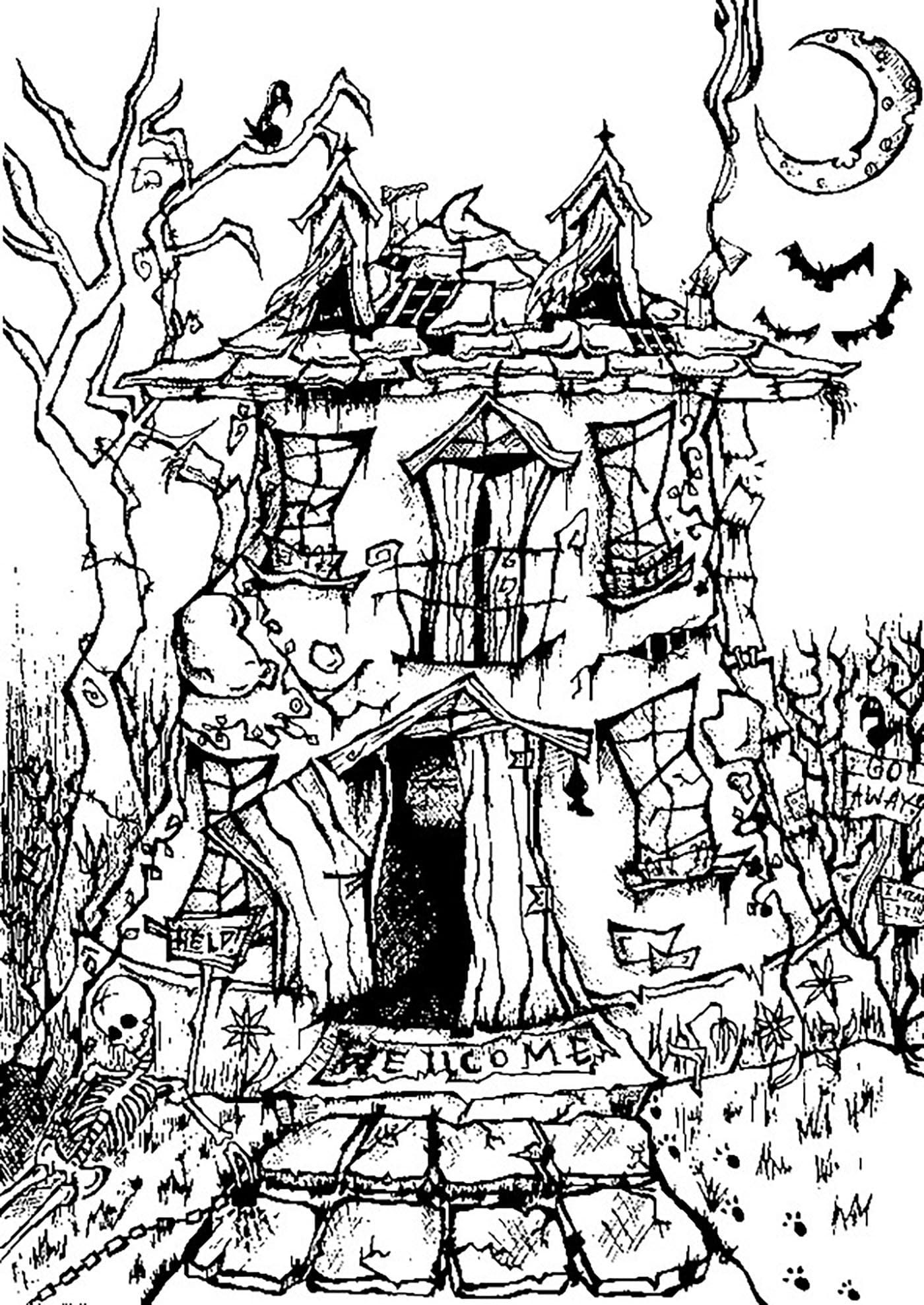 Coloriage Maison hantée d'Halloween pour adultes