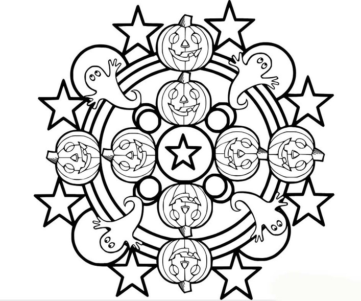 Coloriage Mandala Halloween avec des fantômes et des étoiles