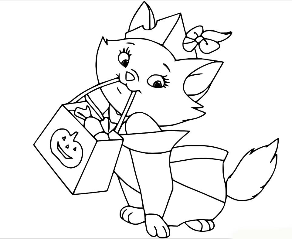 Coloriage Miss Chat tient un sac de bonbons