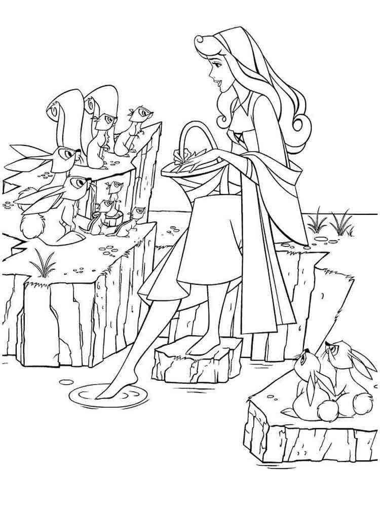 Coloriage Princesse Aurore avec des animaux à imprimer