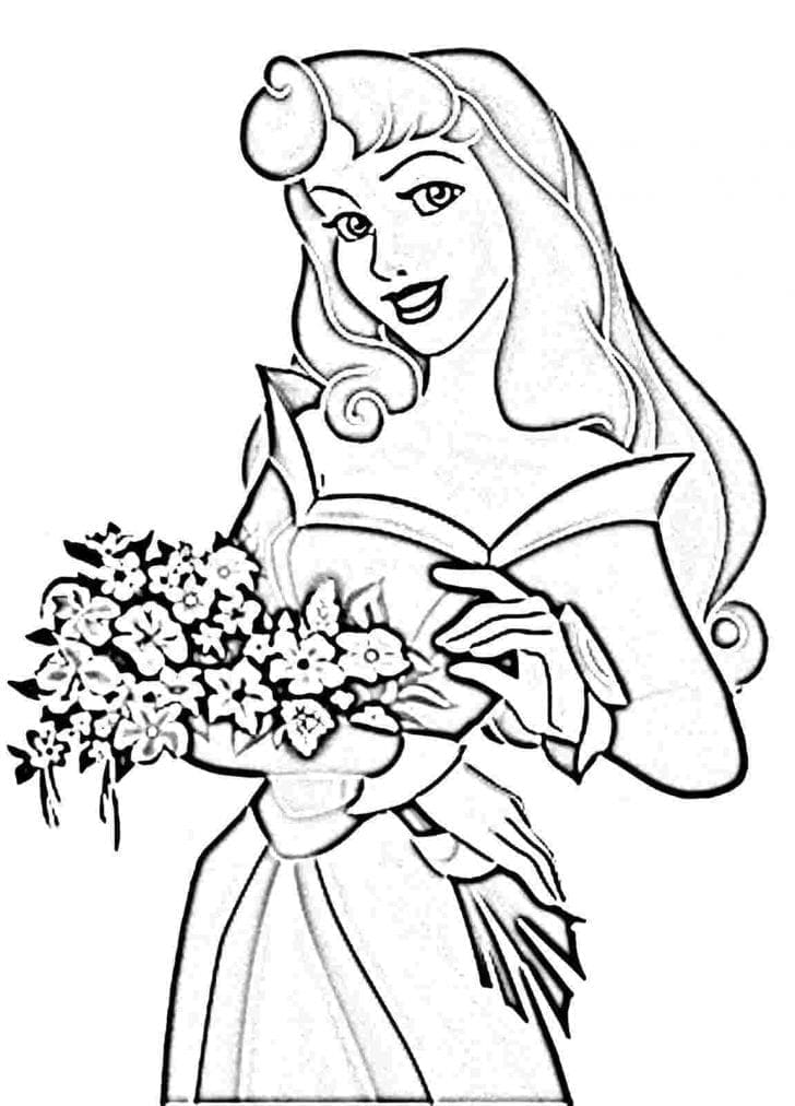 Coloriage Princesse Aurore avec des fleurs à imprimer