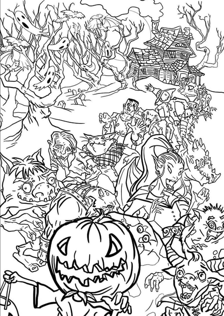 Coloriage Scène d'Halloween pour adultes