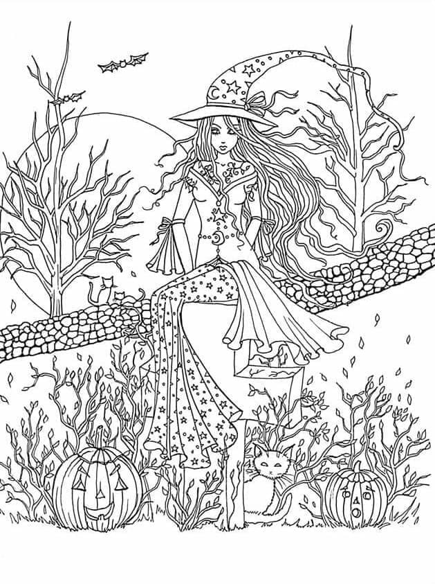 Coloriage Sorcière d'Halloween gratuite pour adultes