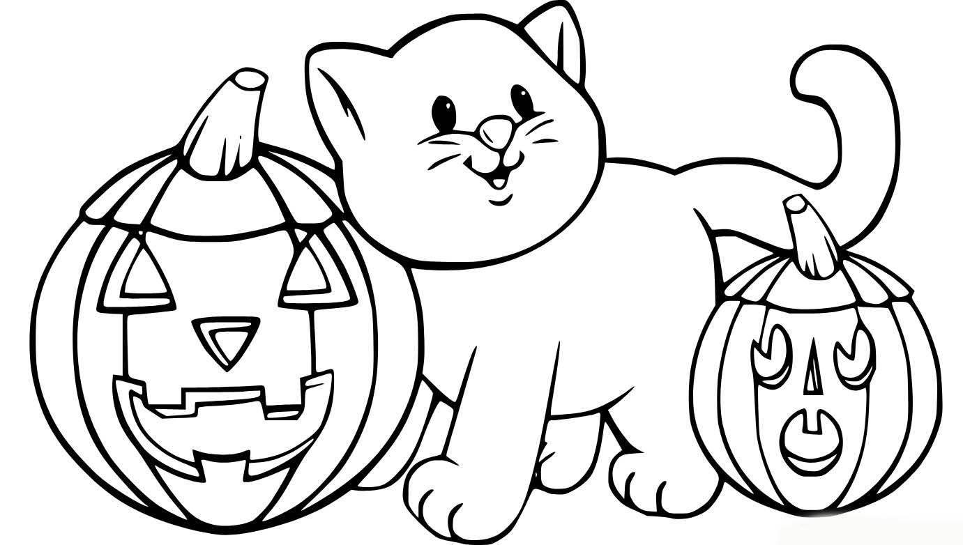 Coloriage Un chat avec deux lanternes Jack O