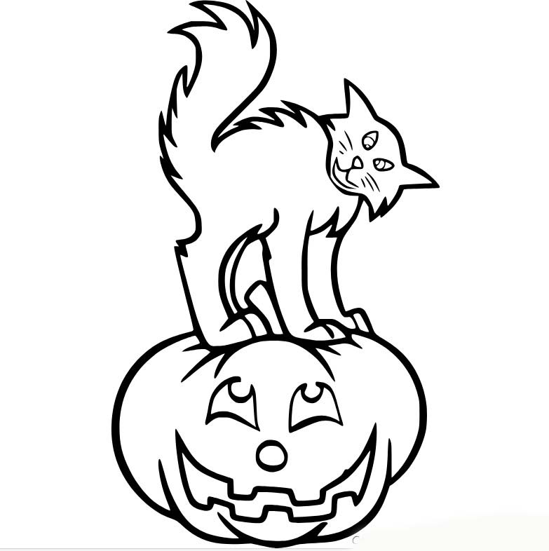 Coloriage Un chat simple sur une citrouille