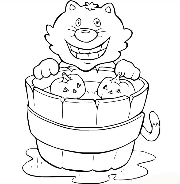 Coloriage Un gros chat donne un bain à deux petites citrouilles