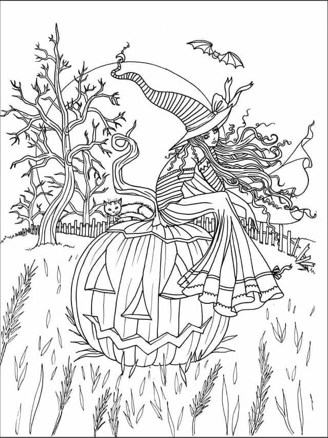 Coloriage Une sorcière d'Halloween pour adultes