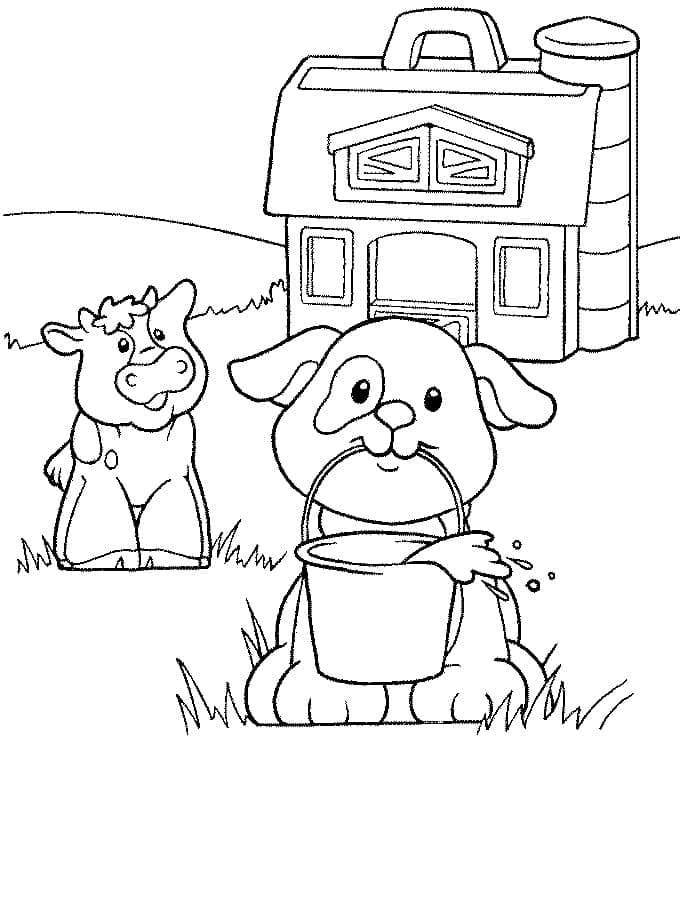 Coloriage Vache et chiot mignons à la ferme