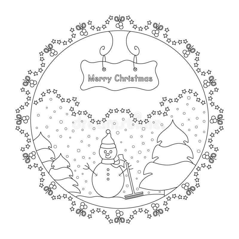 Coloriage Bonhomme de neige et arbre dans le mandala de Noël