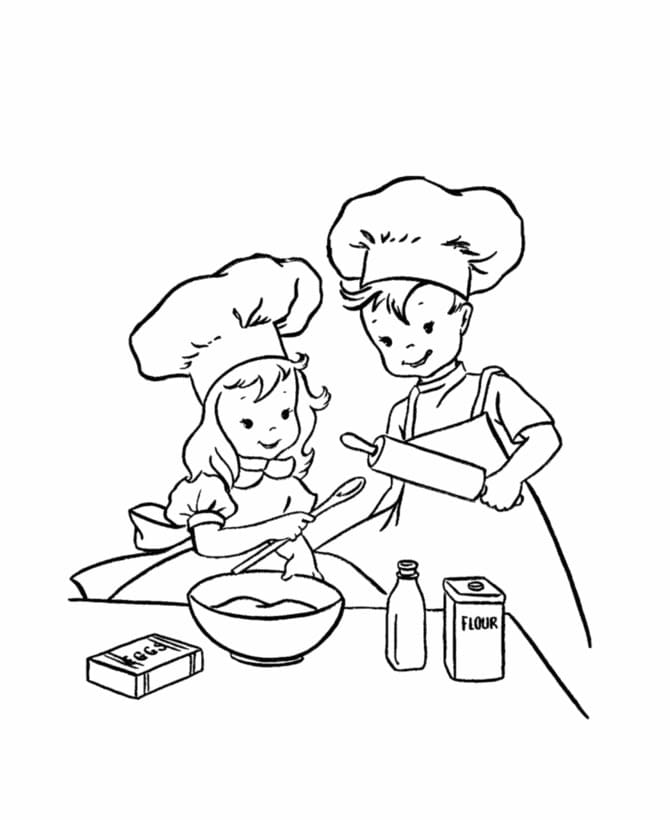 Coloriage Deux enfants Cuisinier