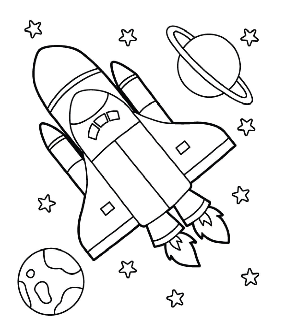 Coloriage Fusée avec étoiles et deux planètes