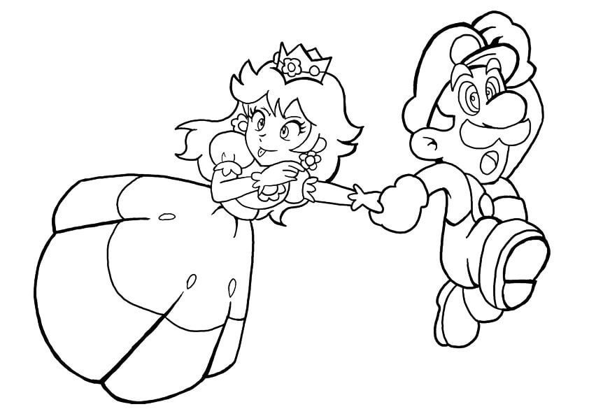 Coloriage La princesse Peach et Mario courent