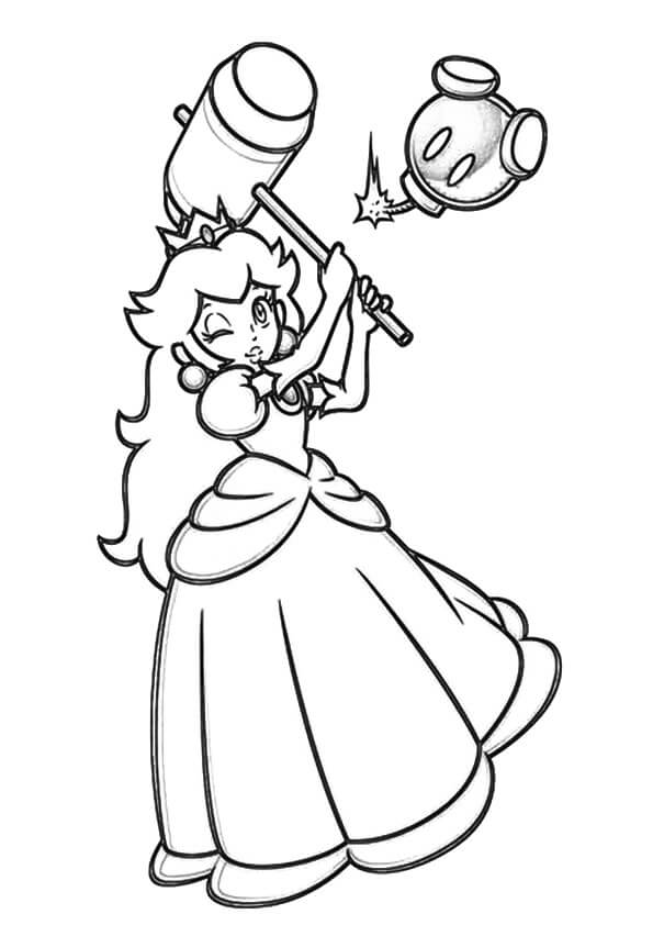 Coloriage La princesse Peach tenant un marteau