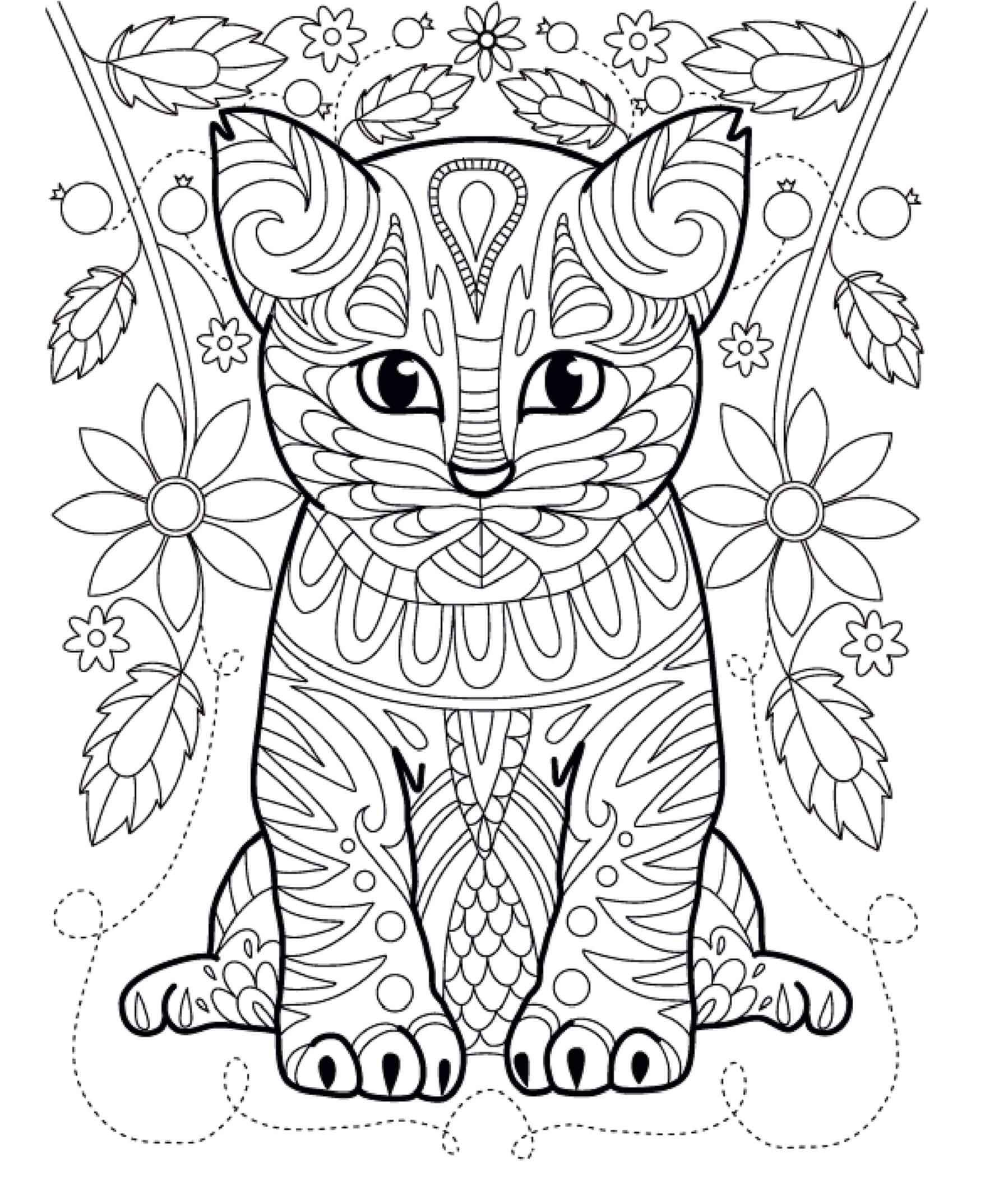 Coloriage Mandala Chat avec Fleurs