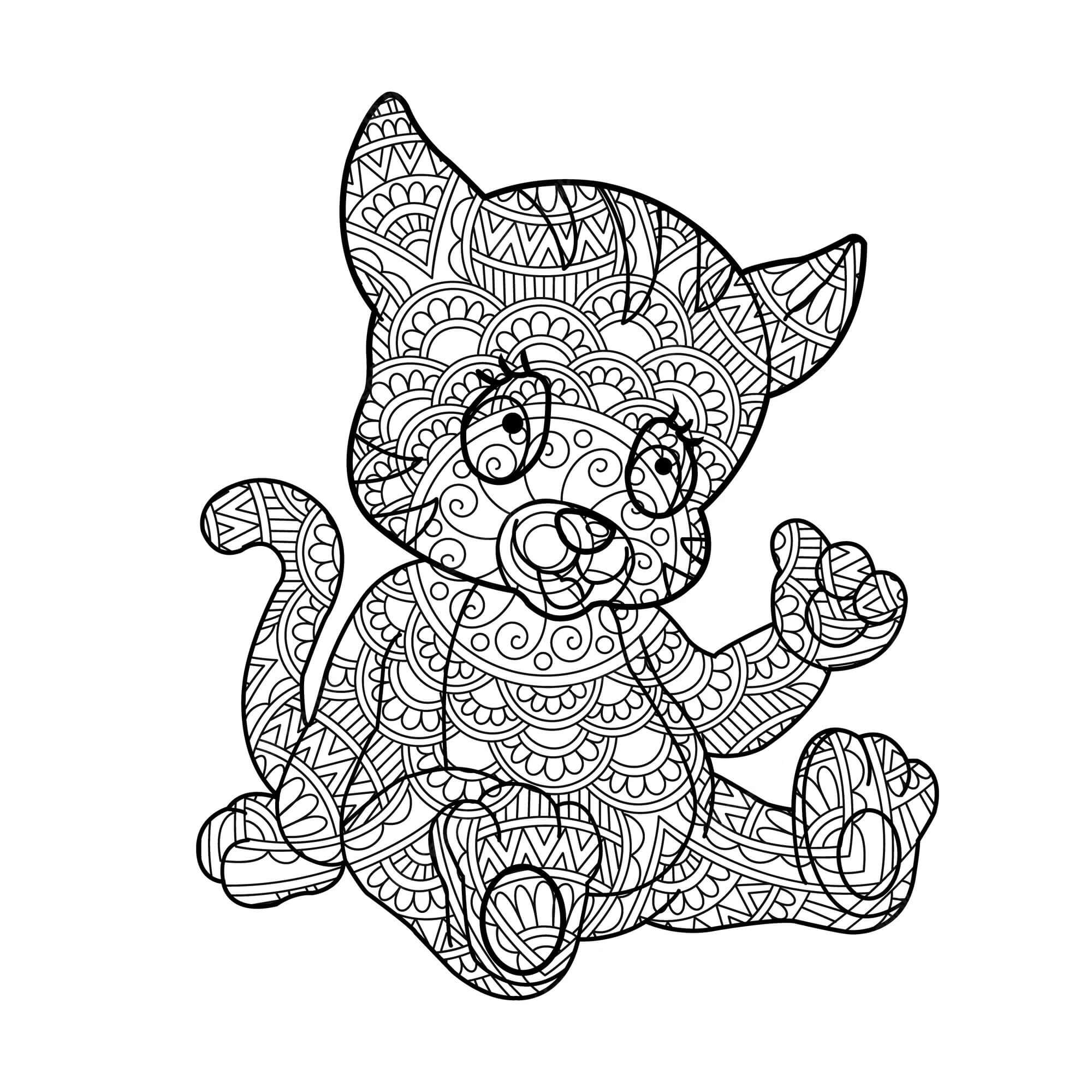 Coloriage Mandala de chat assis en dessin animé