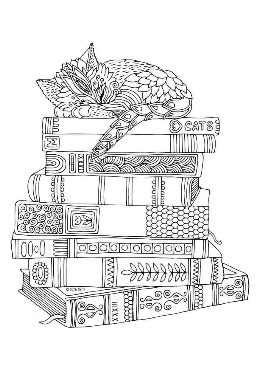 Coloriage Mandala de chat dormant sur des livres