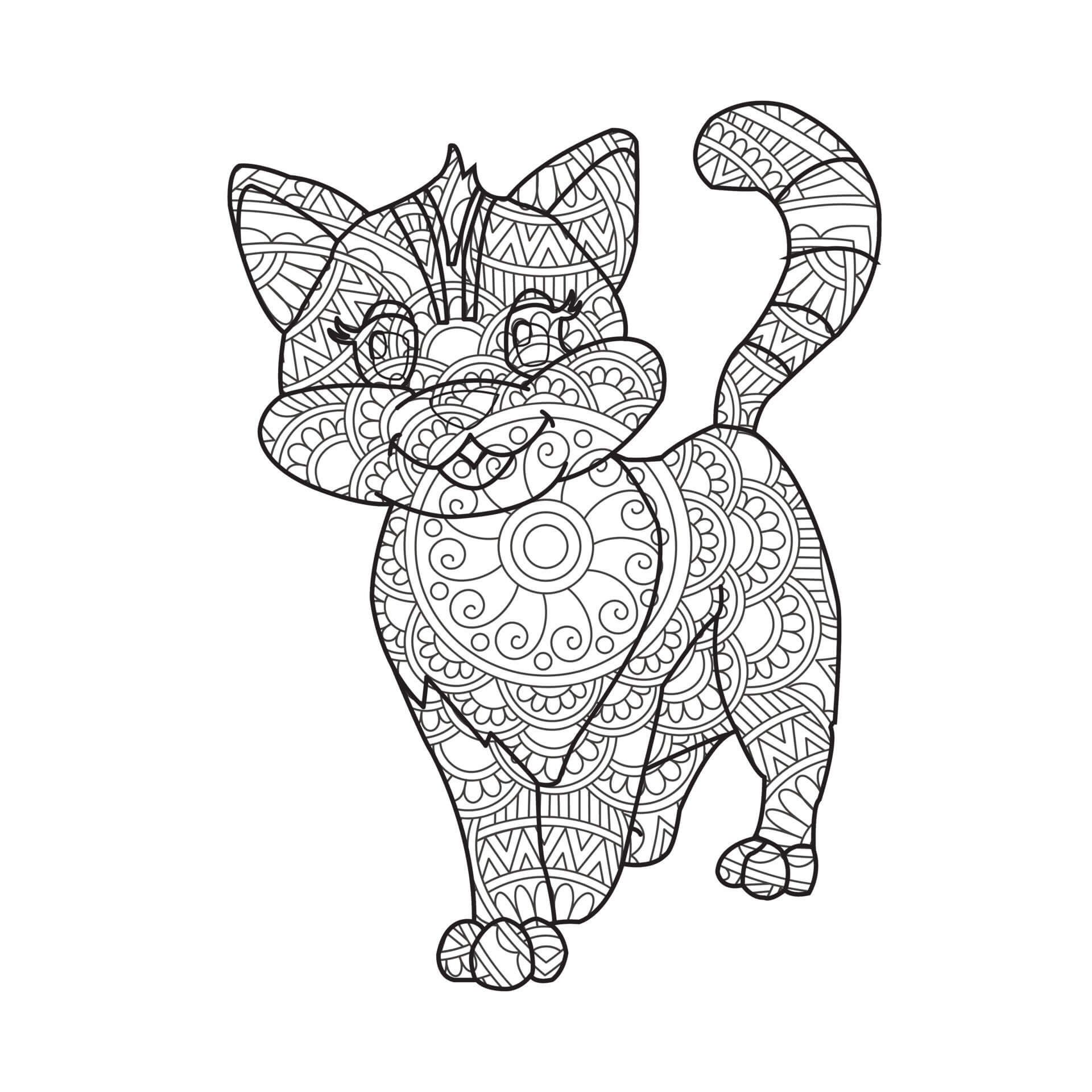 Coloriage Mandala de chat qui marche heureux