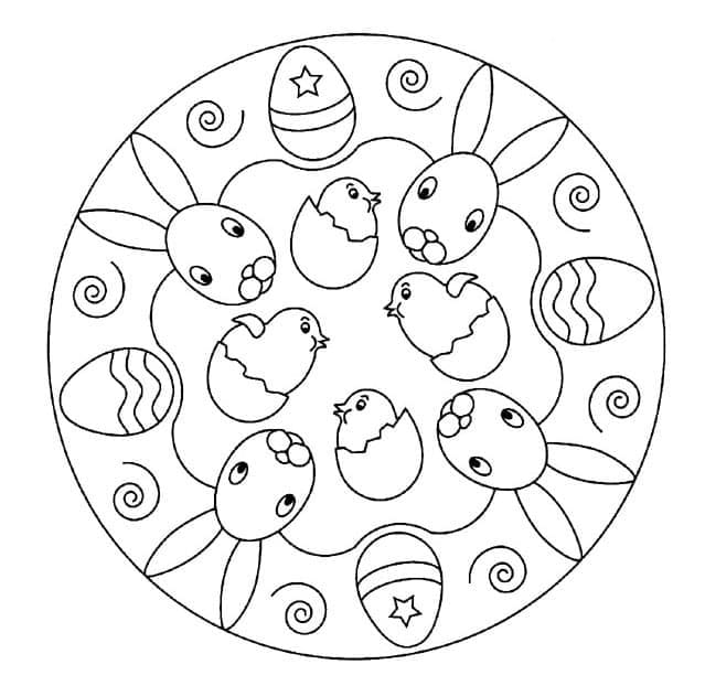 Coloriage Mandala de Pâques avec poussin et lapin