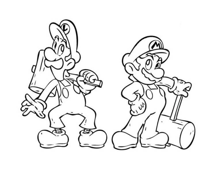 Coloriage Mario et Luigi tenant un marteau