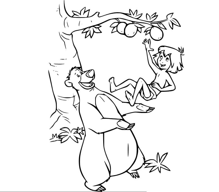 Coloriage Baloo aide Mowgli à cueillir des fruits