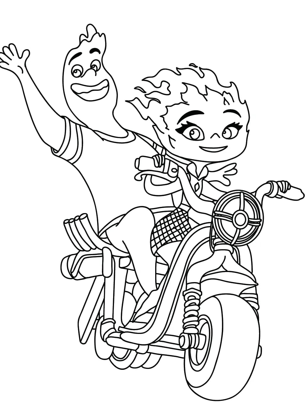 Coloriage Dessin Ember et Wade Élémentaire Conduire une moto