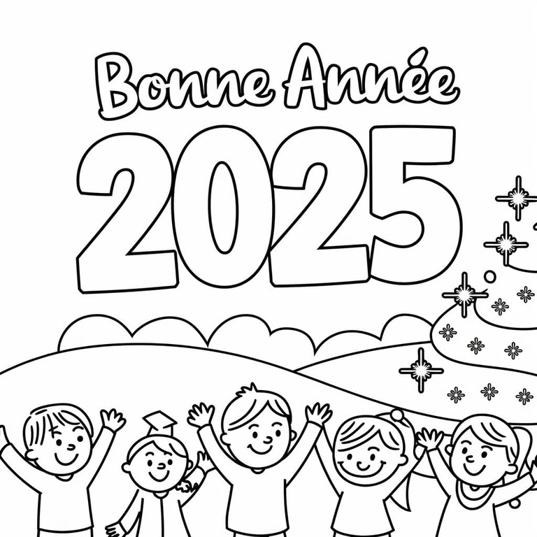 Coloriage Dessiner Bonne Année 2025 avec des Enfants