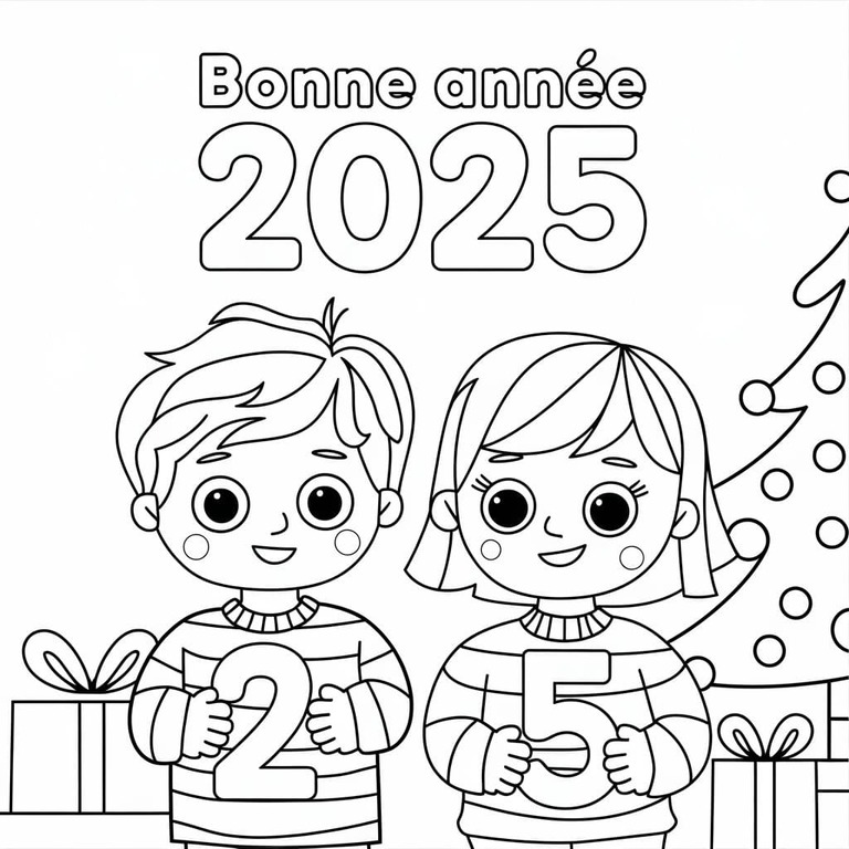 Coloriage Dessiner Enfants et Bonne Année 2025