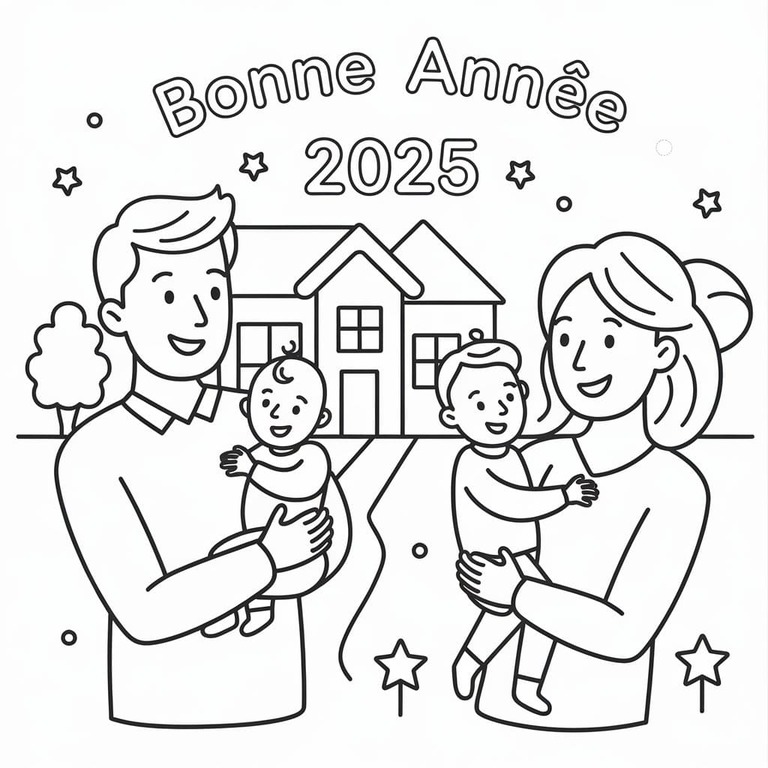 Coloriage Dessiner Famille et Bonne Année 2025