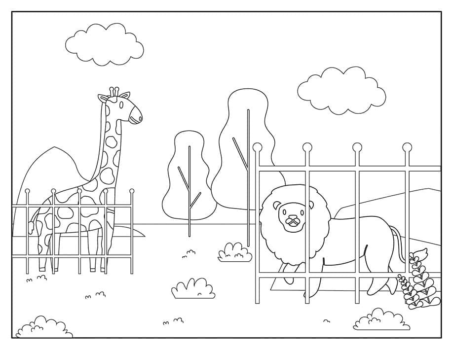 Coloriage Girafe et lion dans un zoo