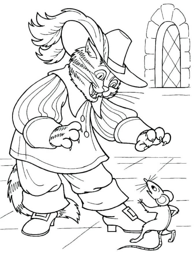 Coloriage Le Chat Botté attrape une souris