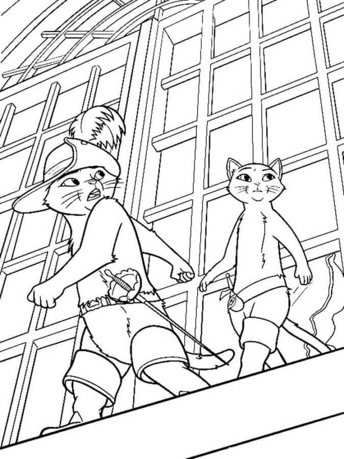 Coloriage Le Chat Botté et Kitty marche léger