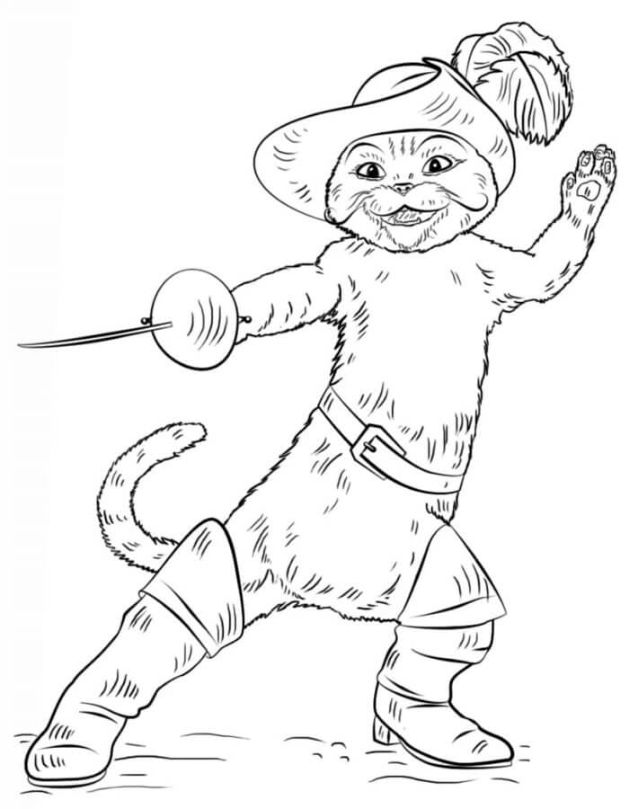 Coloriage Le Chat Botté tient l’épée à la main