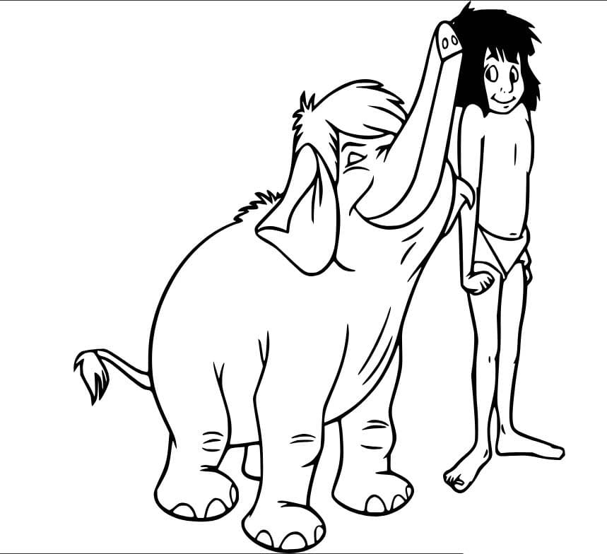 Coloriage L'éléphant Hathi avec Mowgli